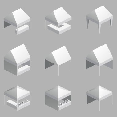 Kanopi çadırı ticaret etkinliği izometrisini ayarlayın, tanıtım amaçlı açık hava reklamlarını katlayın. Şablon vektörü izole çizimi