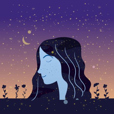Gece vakti gökyüzü yıldızları olan bir kızın portresi. Sihirli gece masalının kadın portresi karakteri. Vektör izole illüstrasyonu