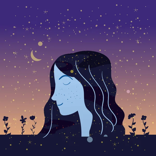 Πορτραίτο προφίλ ένα κορίτσι με αστέρια ουρανό νύχτα μαλλιά. Γυναικείος χαρακτήρας πορτραίτου της φαντασίας νεράιδα νύχτα. Απομονωμένη εικόνα διανύσματος — Διανυσματικό Αρχείο