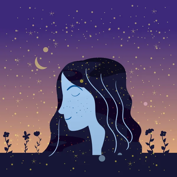 Retrato de perfil de una chica con pelo estrellas del cielo nocturno. Personaje de retrato femenino de fantasía mágica de hadas nocturnas. Ilustración aislada vectorial — Vector de stock