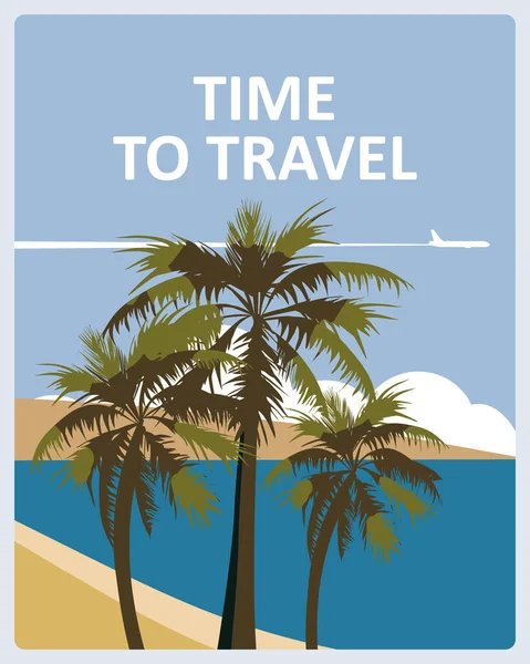 Ideje utazási plakát nyaralás nyári trópusi strand nyaralás. Tengerparti táj pálmák sík. Elkülönített kórokozó-átvivő — Stock Vector