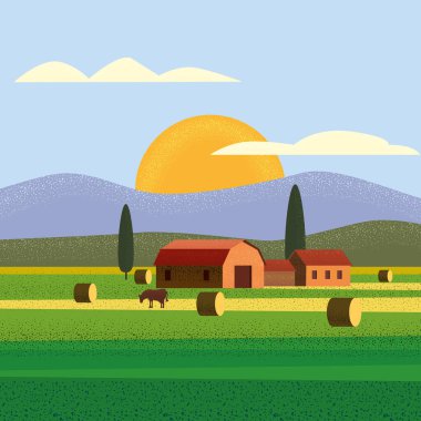 Kırsal çiftlik arazisi kır evleri, inekler. Summer Hills Günbatımı tarım arazisi. Vektör illüstrasyon modu gürültü gölge vektörü