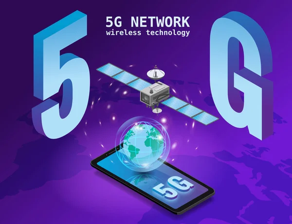 Globalna łączność satelitarna sieci 5G. Satelita lecący orbitalnie na ziemskiej technologii bezprzewodowej izometria smartfona. Ilustracja izolowana wektora — Wektor stockowy