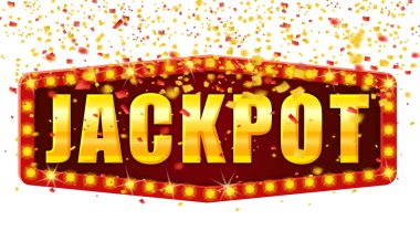 Piyango galibi, spot ışıklarının konfeti düşmesiyle parlayan retro işareti. Piyango cazino vektör çizimi izole edildi