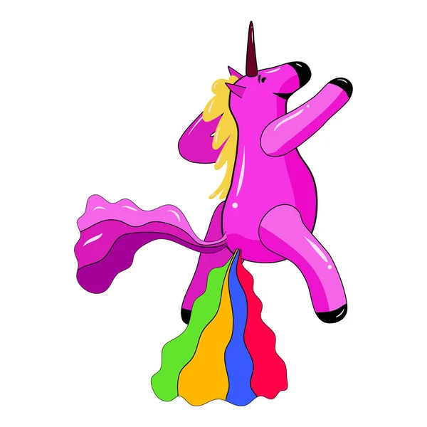 Unicorn zâmbind caca un curcubeu, fantezie personaj drăguț bestie rahat multicolor. Ilustrație vectorială stil de desene animate izolat — Vector de stoc