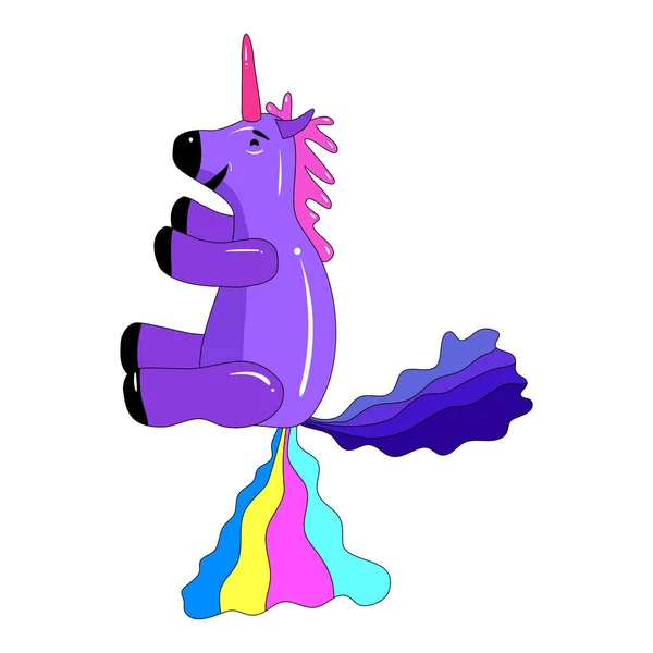 Unicorn zâmbind caca un curcubeu, fantezie personaj drăguț bestie rahat multicolor. Ilustrație vectorială stil de desene animate izolat — Vector de stoc