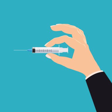 El ele tutuşan plastik ecza şişesi şırıngası. Şablon sancak vektör illüstrasyonu izole çizgi film düz biçimi