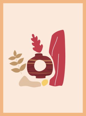 Sonbahar moda kart kolajı. Vazo renginde vazo şeklinde pastel flora. Şablon sonbahar posteri, pankart vektör illüstrasyonu izole