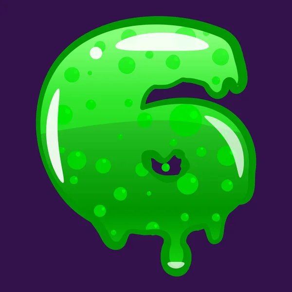 Slime betűtípus szám 6 latin ábécé. Zöld buborékos mérgező penész. Vektor rajzfilm stílusú illusztráció — Stock Vector