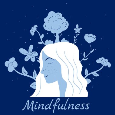 Farkındalık meditasyonu yapan kadın meditasyon yapar. Zihinsel sakinlik ve öz bilinç flora konsepti. Vektör çizimi izole edildi