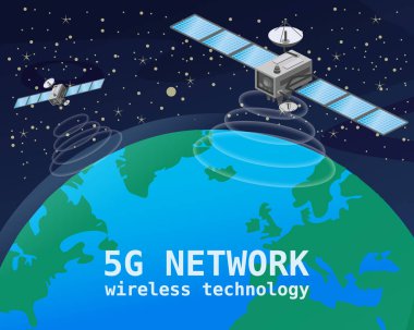 Global 5G internet ağı uydu iletişimi. Dünya üzerinde yörüngede uçan uydular kablosuz teknoloji akıllı telefon izometri. Vektör izole illüstrasyonu
