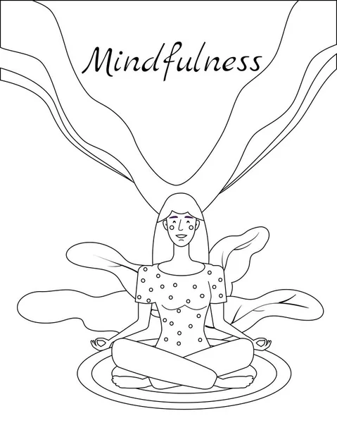 Mindfullness yoga meditatie vrouw zitten in de lotuspositie mediteren. Mentale kalmte en zelfbewustzijn concept. Vector illustratie geïsoleerde lineaire stiel — Stockvector