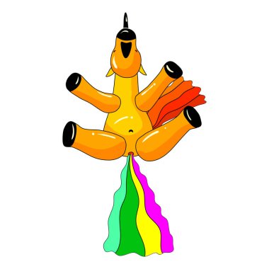 Unicorn smiling pooping a rainbow, fantasy cute character beast multicolored shit turd. Vector illustration isolated cartoon style