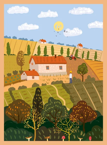 Syksyllä maaseudulla maatilan pelloilla. Fall maaseudun maalaismainen näkymä, sato, puut, kukkulat keltainen oranssi lehtineen. Vektori kuvitus eristetty juliste banneri kortin kansi — vektorikuva