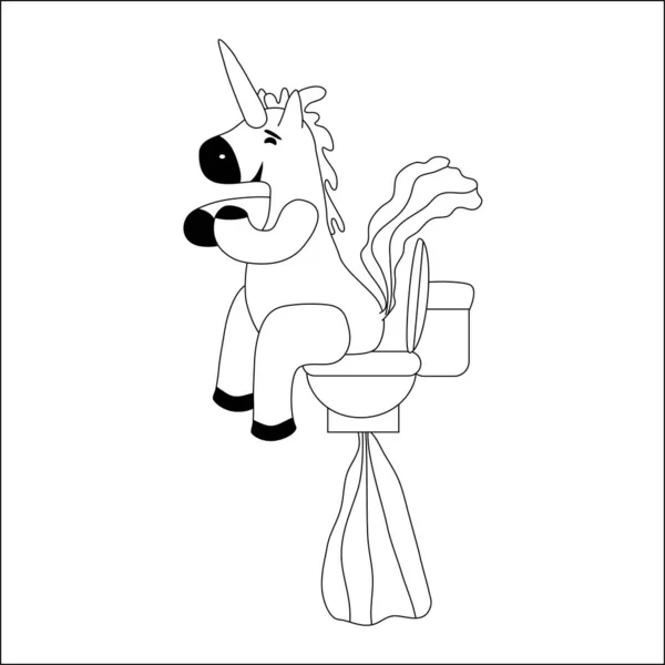 Unicorn zâmbind caca un curcubeu, fantezie personaj drăguț bestie rahat multicolor rahat, lineart. Ilustrație vectorială stil izolat doodle — Vector de stoc