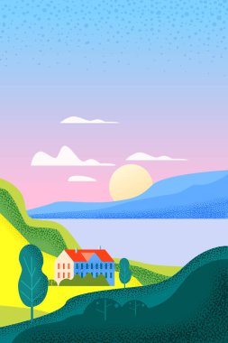 Haziran ayı yaz manzarası. Takvim sayfaları için sezonluk afiş afişi. Asgari trend biçimi izole vektör