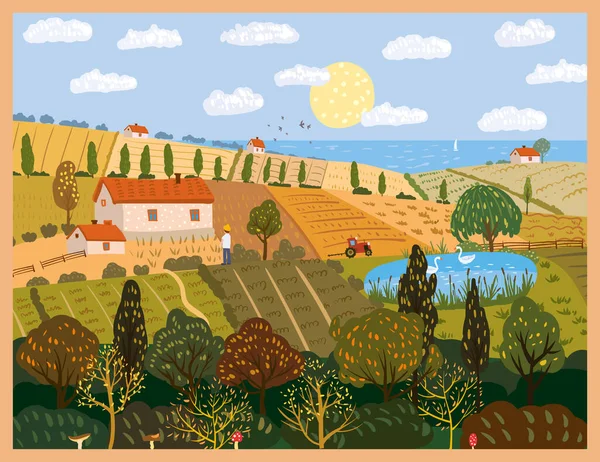 Autumn panorama countryside landscape farm fields. Fall rural rustic view, trees, hills yellow orange foliage. Vector illustration isolated poster banner card cover — Stock Vector