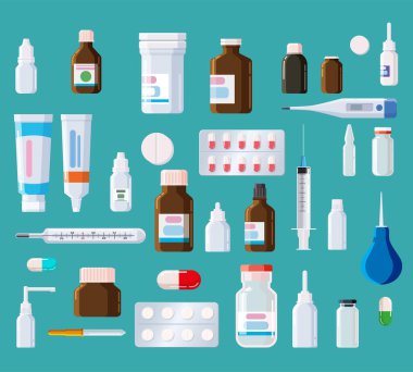 Eczane seti şişeleri, kabarcıklar, şırınga, termometre, pippete, kavanozlar, tüpler, spreyler, kapaklı damlalar. Cam, plastik. İlaçlar, vitamin, antibiyotik, aşı. Şablon modelleme paketleme tasarımı