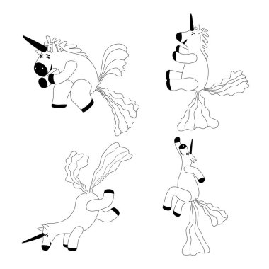 Set Unicorns smiling pooping a rainbow, fantasy cute character beast multicolored shit turd, lineart. Vector illustration isolated doodle style