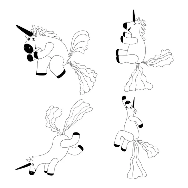 Set Unicorns smiling pooping a rainbow, fantasy cute character beast multicolored shit turd, lineart. Vector illustration isolated doodle style — Wektor stockowy