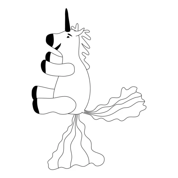 Unicorn zâmbind caca un curcubeu, fantezie personaj drăguț bestie rahat multicolor rahat, lineart. Ilustrație vectorială stil izolat doodle — Vector de stoc