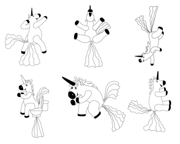 Set Unicorns smiling pooping a rainbow, fantasy cute character beast multicolored shit turd, lineart. Vector illustration isolated doodle style — Archivo Imágenes Vectoriales