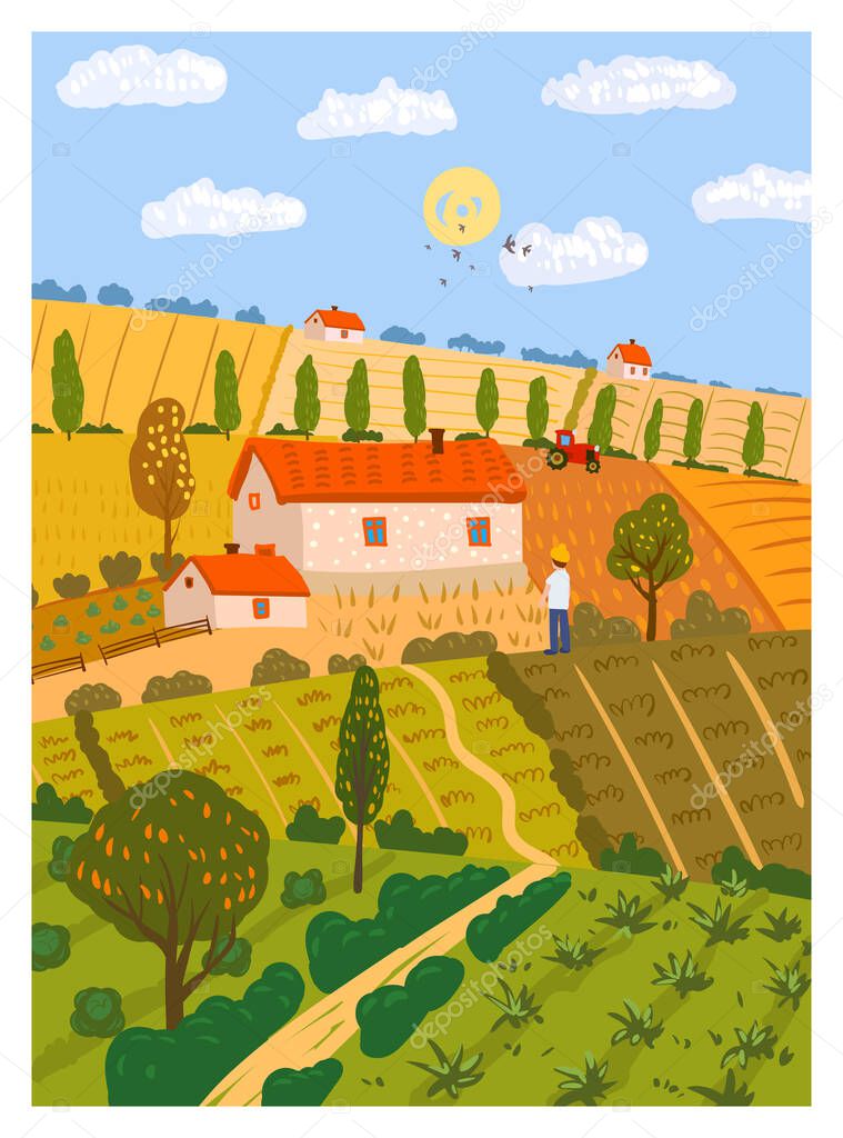 Autumn countryside landscape farm fields. Fall rural rustic view, harvest, trees, hills yellow orange foliage. Vector illustration isolated poster banner card cover