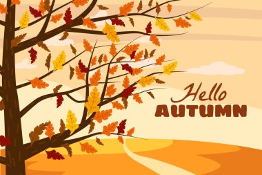 Merhaba sonbahar manzarası. Sarı turuncu yapraklı sonbahar ağaçları sonbahar doğa parkını düşünmek için ıssız bir yol. Vektör izole illüstrasyonu