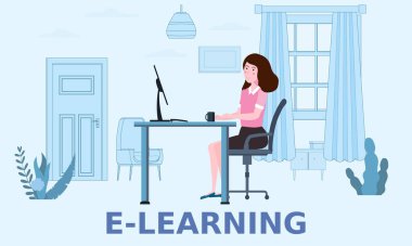 E-öğrenen kız bilgisayarla ve kitaplarla çalışıyor, gülümse. Evde online öğrenme kavramı, online test, uzaktan öğrenme. Vektör çizimi izole edildi