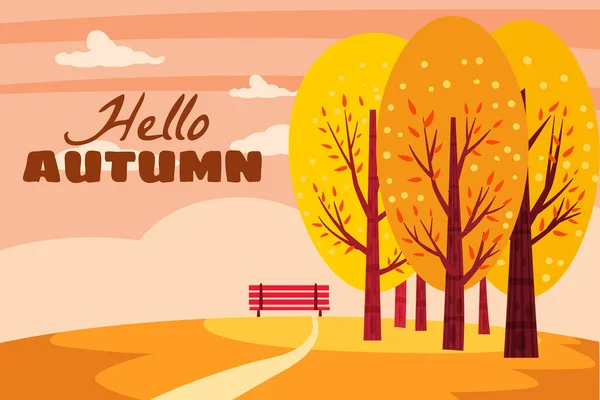 Olá Paisagem do outono. Árvores de queda com folhas cor-de-laranja amarelas, banco solitário de contemplação do parque de natureza de outono. Ilustração isolada do vetor — Vetor de Stock