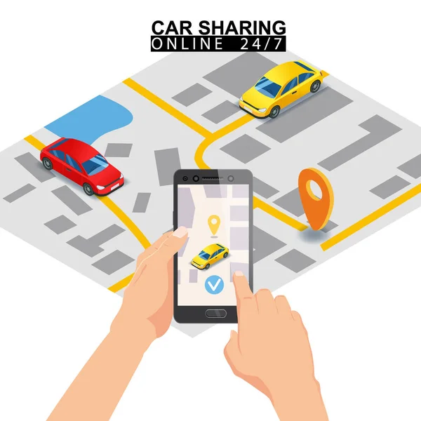 Κοινή χρήση αυτοκινήτων ισομετρική. Smartphone οθόνη με τη διαδρομή χάρτη της πόλης και σημεία τοποθεσία του αυτοκινήτου. Online υπηρεσία εντολών εφαρμογής για κινητά. Εικονογράφηση διάνυσμα για την υπηρεσία κοινής χρήσης αυτοκινήτων διαφήμιση, προώθηση — Διανυσματικό Αρχείο