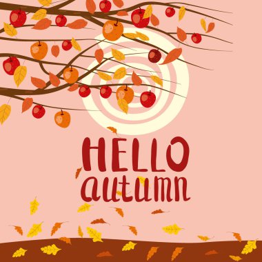 Merhaba sonbahar manzarası. Ağaçların dalları, sarı turuncu yapraklar, yeşillikler, doğa. Vektör izole edilmiş illüstrasyon afiş kartı