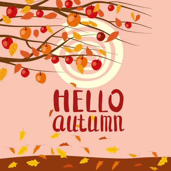 안녕 가을 풍경. 황색 오렌지 잎과 잎, 자연을 가진 가을 나무들. 벡터 분리 된 일러스트 배너 포스터 카드 — 스톡 벡터