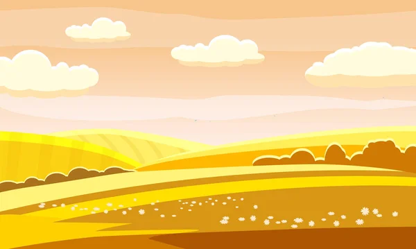 Otoño paisaje rural colinas prados campos campo. Horizonte amarillo anaranjado. Ilustración vectorial aislada — Archivo Imágenes Vectoriales