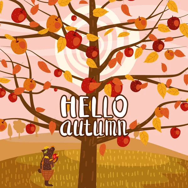 Árvore de maçã com maçãs outono paisagem com urso bonito. Olá, texto de outono, campo rural. Ilustração isolada do vetor —  Vetores de Stock