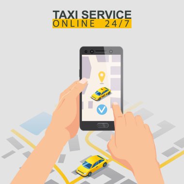 Taksi servisi izometrik. Taksi mobil uygulama şablonu ayarlandı. Şehir haritası güzergahlı akıllı telefon ve konum sarı araba. Çevrimiçi mobil uygulama taksi servisi. Taksi servisi için vektör illüstrasyonu