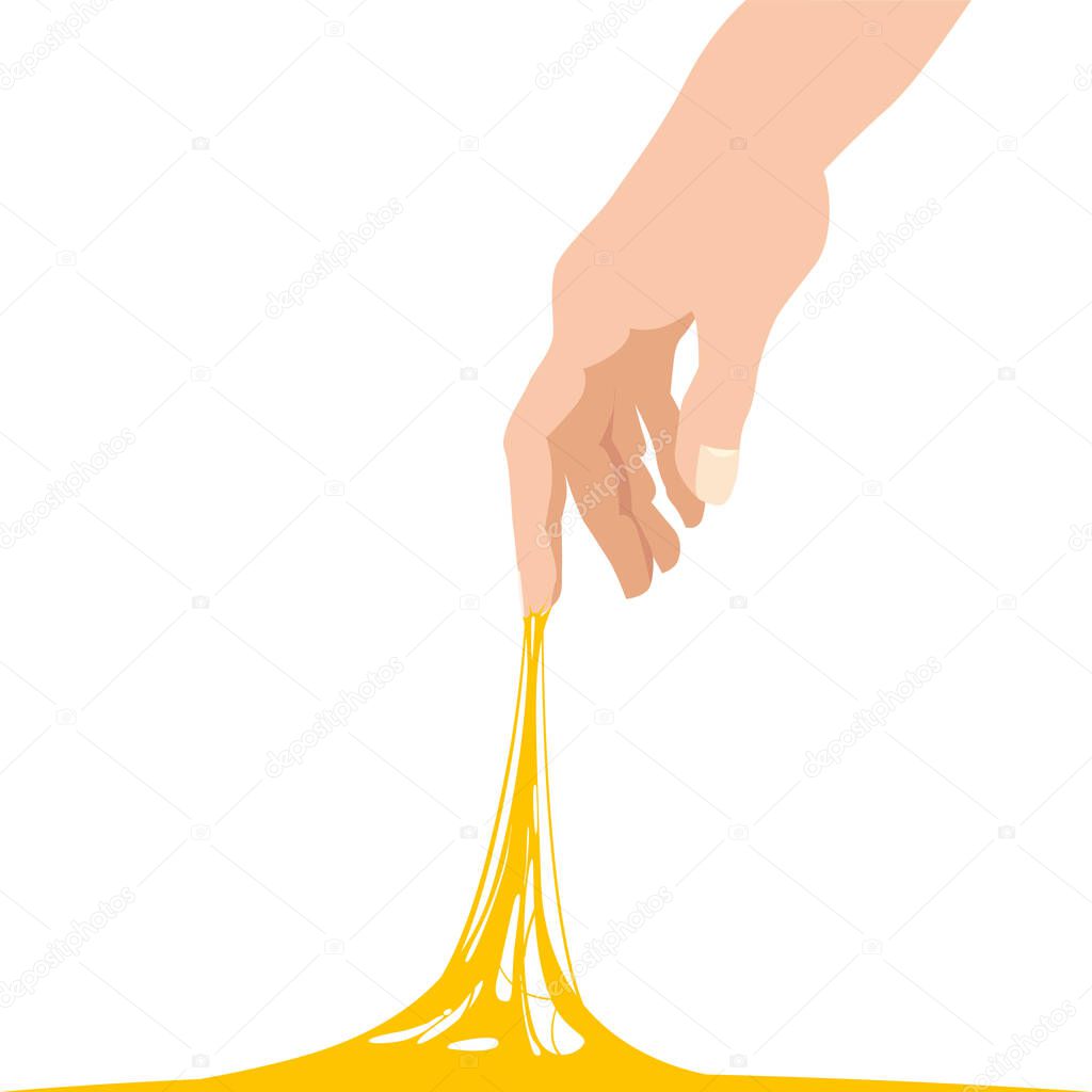 Sticky slime, reaching for stuck by the hand between fingers, white banner template. Glue Jelly The substance is sticky, tension, elasticity. Popular children s sensory toy vector illustration