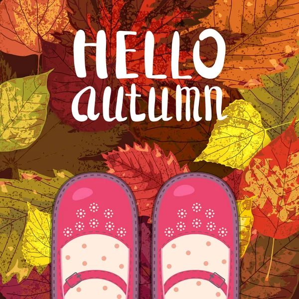 Sapatos vermelhos de mulheres em folhas de outono. Lettering Hello Autumn. Cartaz, ilustração vetorial banner isolado —  Vetores de Stock