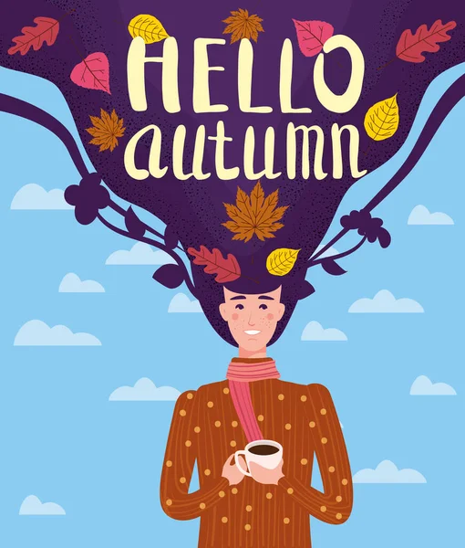 Dziewczyna krojona i wesoła w brązowym swetrze pije filiżankę herbaty lub kawy z jesiennymi liśćmi. Litery Hello Autumn, leaves yellow, orange. Wektor ilustracji baner szablon karty — Wektor stockowy