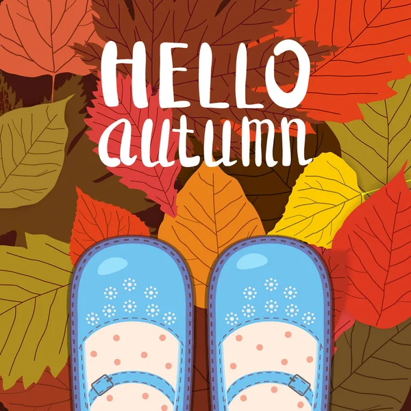 Women blue shoes on autumn leaves. Lettering Hello Autumn. Poster, banner vector illustration isolated — Stock Vector