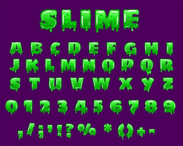 Slime Font zielony bąbelki toksyczne formy. Numery liter glify. Ilustracja stylu wektor kreskówki — Wektor stockowy