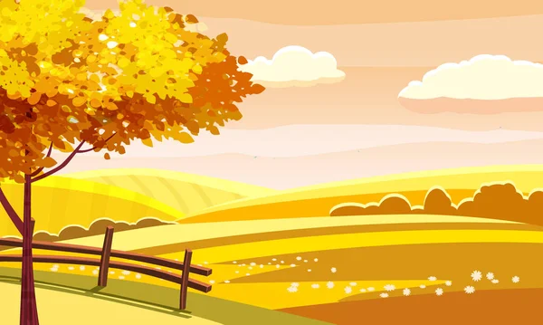 Otoño paisaje rural colinas prados campos campo. Follaje amarillo naranja horizonte del árbol. Ilustración vectorial aislada — Archivo Imágenes Vectoriales