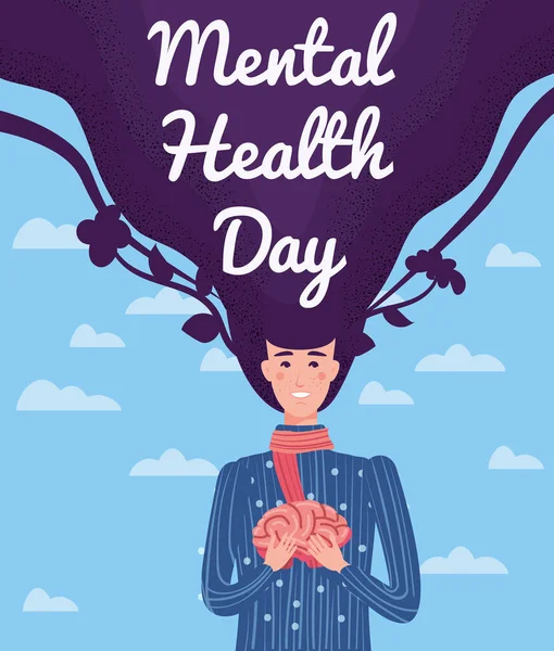 Modello di poster della Giornata Mondiale della Salute Mentale. Donna Yong che si tiene per mano nel cervello. Illustrazione vettoriale concetto isolato — Vettoriale Stock