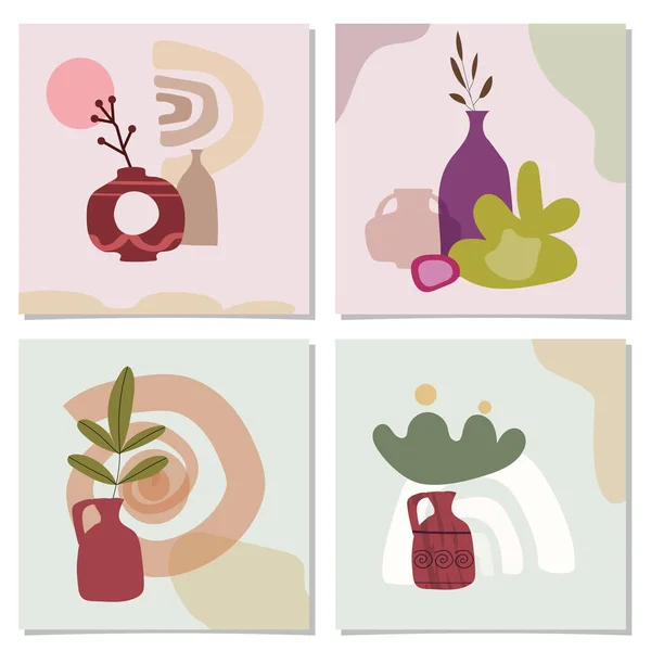 Egzotik palmiye yaprakları ve soyut vazoları olan bir kart seti. Moda kolajı hala meyve vazosu soyut modern şekil dokuları pastel renklerdeki minimalizmi temsil ediyor. Pankart, poster, sosyal medya şablonları — Stok Vektör