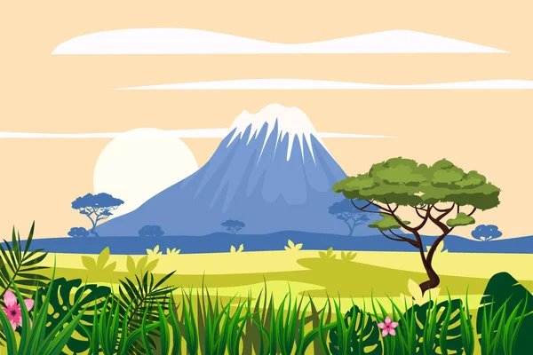 Paesaggio della savana africana, montagne, foresta pluviale silhouette scenario giungla. Flora brillante con felci e fiori. Illustrazione vettoriale isolato stile cartone animato — Vettoriale Stock