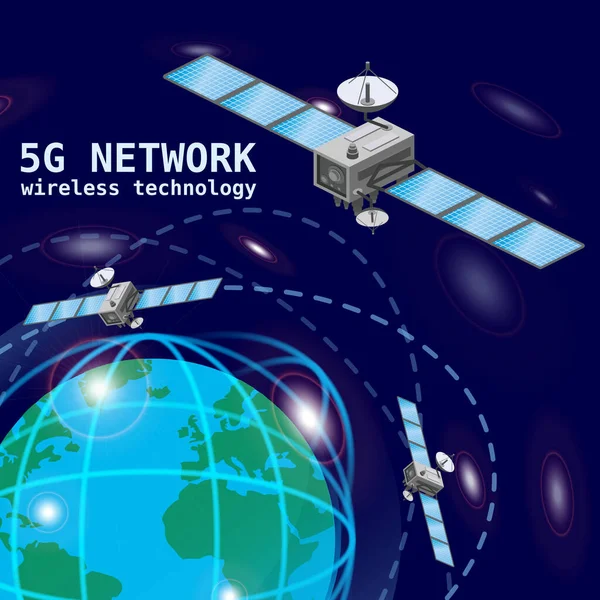 Globalna łączność satelitarna sieci 5G. Satelity lecące orbitalnie nad ziemską technologią bezprzewodową izometria smartfona. Ilustracja izolowana wektora — Wektor stockowy