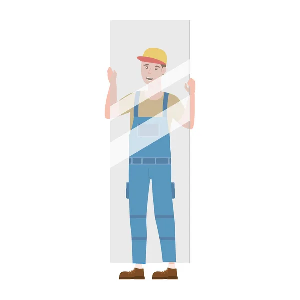 Trabajador de la construcción con hoja de vidrio en ropa de trabajo. Artesano carácter vector aislado — Vector de stock