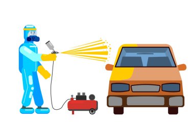 Araba fırçası boyacısı. Araba tamircisi. Sprey silah atölyesi kuran bir tamirci. Vektör çizimi izole edildi