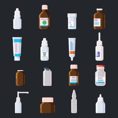 Eczane tıbbi seti şişeleri, kavanozlar, tüpler, spreyler, kapaklı damlalar. Cam, plastik. İlaçlar, vitamin, antibiyotik, aşı. Şablon modelleme paketleme tasarımı. Vektör, izole, illüstrasyon çizgi filmi