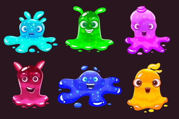 Set personaggi mostri Slime jelli, liquido giallo verde rosso ciano viola creature blu. Divertente carino cartone animato vettoriale illustrazione su sfondo nero — Vettoriale Stock